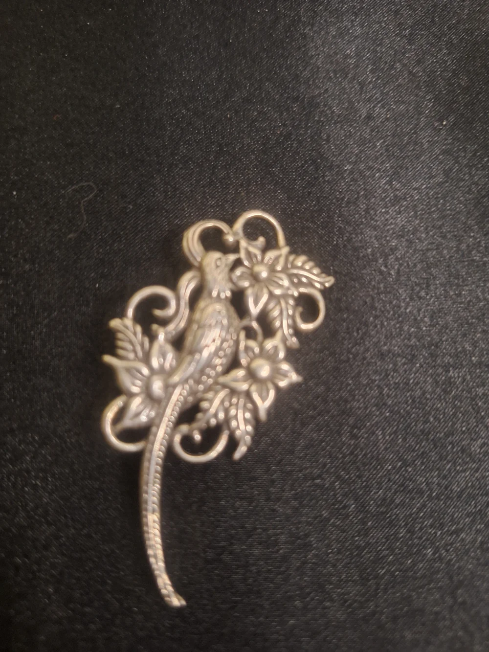 Vintage Silver-Tone Parrot Floral Brooch -